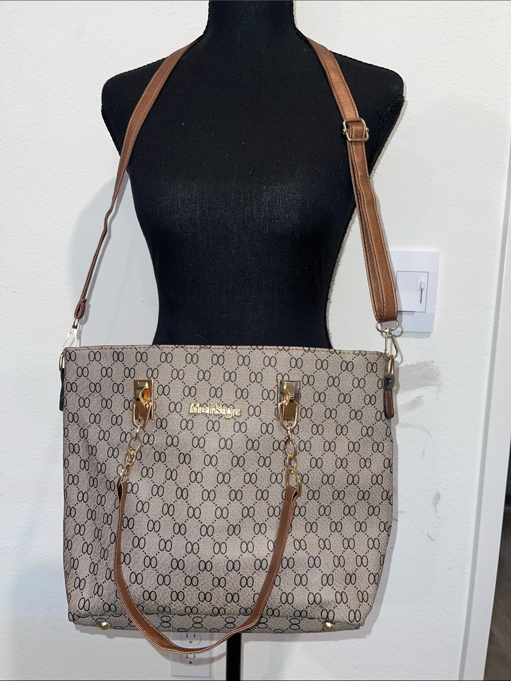 Michael Kors Beige Monogram Tote with Brown Trim and Gold Hardware